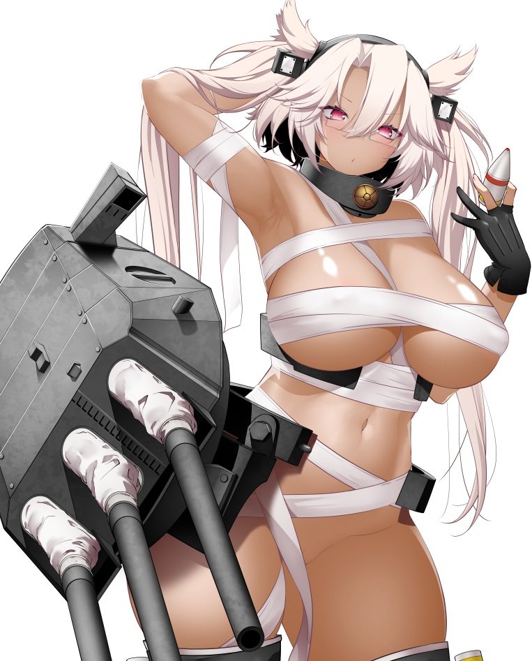 arm_behind_head arm_up black_gloves breasts budget_sarashi cannon chest_sarashi collar dark-skinned_female dark_skin female glasses gloves hair_between_eyes headgear huge_breasts kantai_collection kirigakure_(kirigakure_tantei_jimusho) metal_collar musashi_(kantai_collection) navel partially_fingerless_gloves pointy_hair rectangular_eyewear red_eyes rigging sakuramon sarashi solo turret two_side_up white_hair