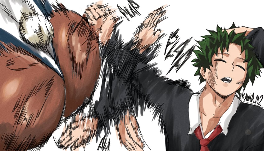 1boy, 1girls, ass, big ass, boku no hero academia, boku no hero academia (finale), bunny girl, bunny tail, dark skin, dark-skinned female, duo, higher resolution available, huge ass, izuku midoriya, kaw3r, leotard, light-skinned male, male, meme, midoriya izuku, miruko, my hero academia, my hero academia (finale), naoya hair flip, rumi usagiyama, spanked butt, tail, usagiyama rumi