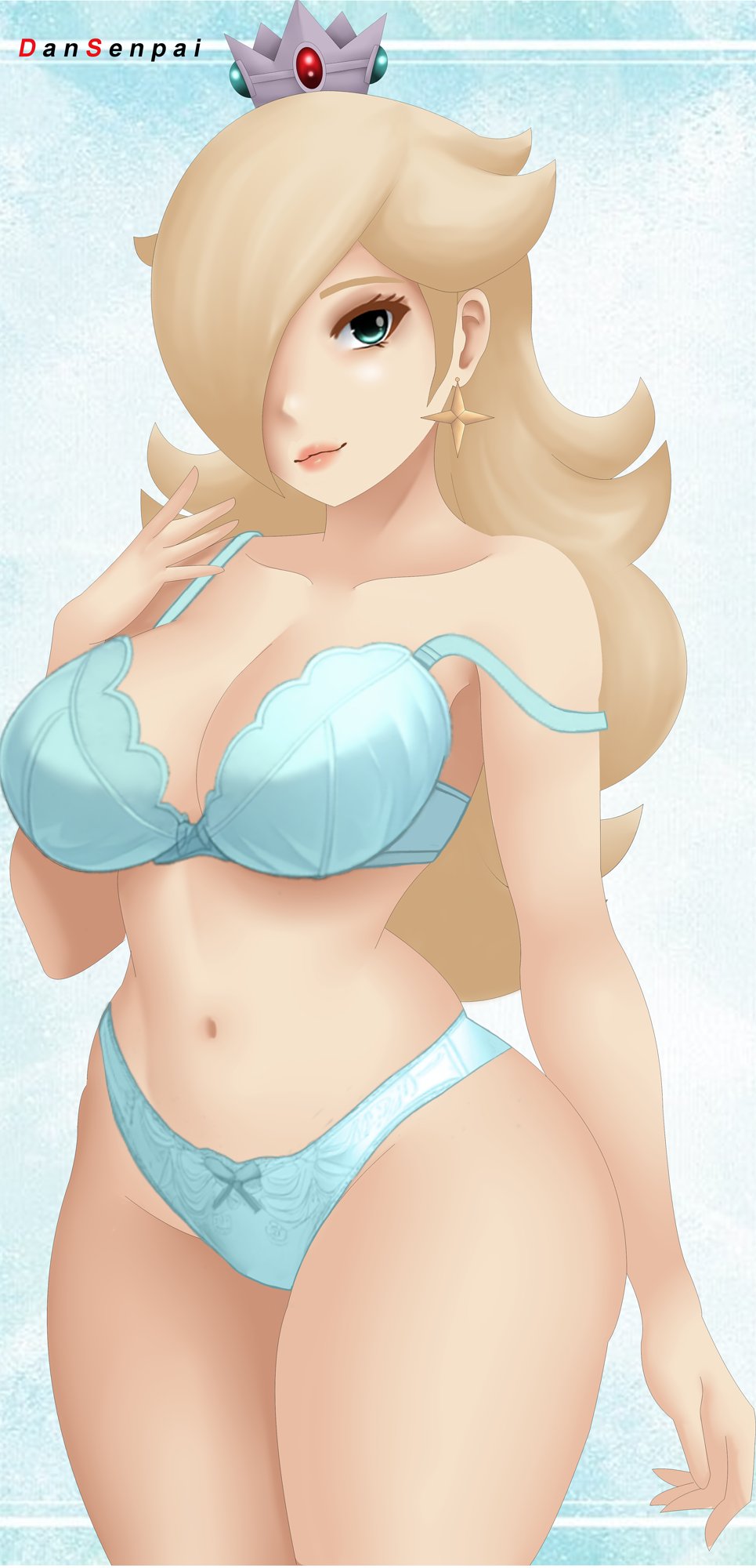 1girls blonde_hair blue_eyes bra breasts female female_only mario_(series) nidavellirstudios nintendo panties princess_rosalina solo tagme underwear