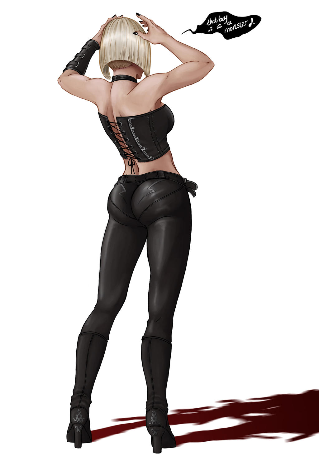 ass back bare_shoulders big_ass bob_cut boots bustier commentary crop_top devil_may_cry devil_may_cry_4 disguise english_commentary female gloria_(devil_may_cry) highres leather leather_pants pants photoshop_(medium) solo thick_thighs tight_clothes trish_(devil_may_cry) wig