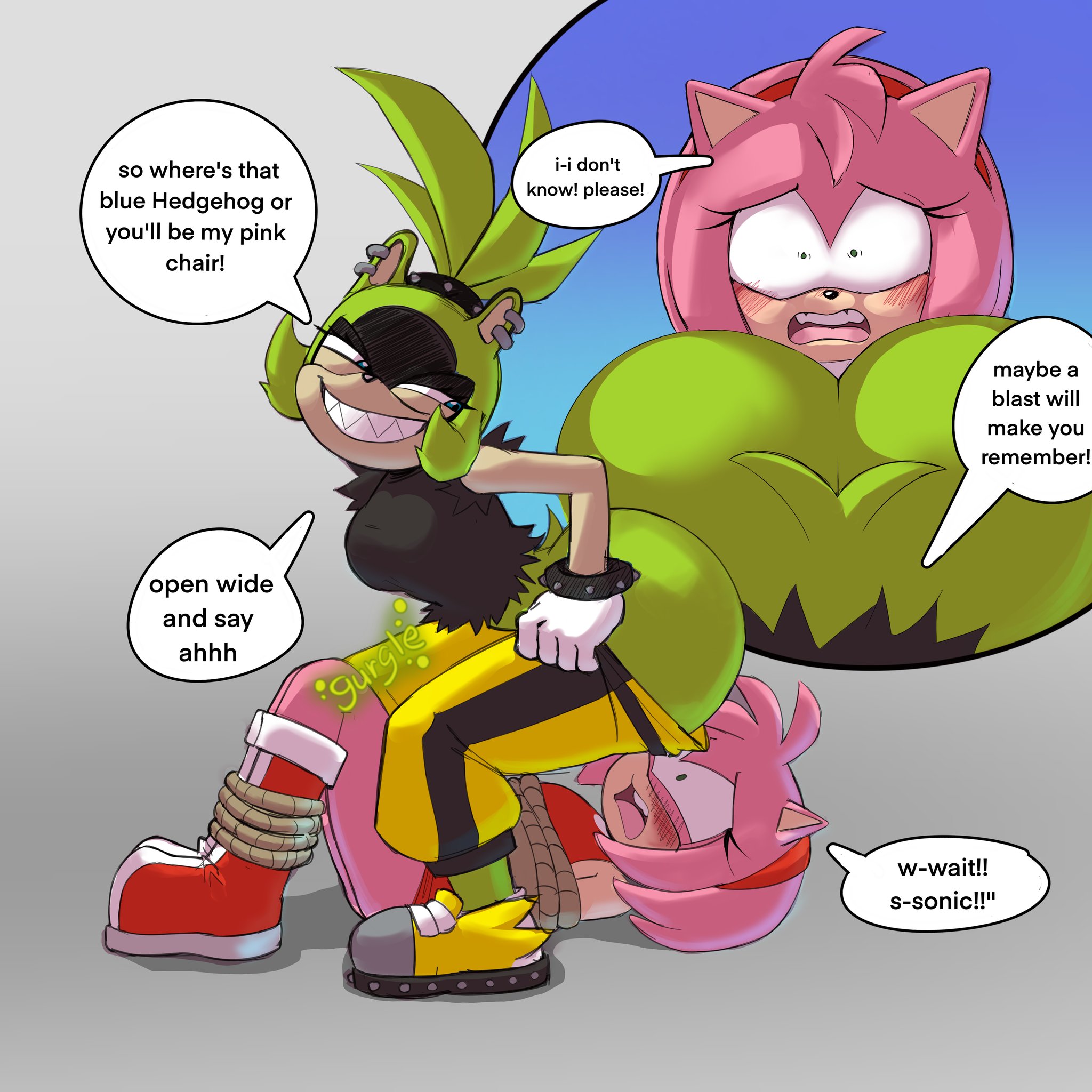 2girls, amy rose, anthro, ass, big ass, big butt, bondage, bubble ass, bubble butt, fart fetish, female, furry, hedgehog, huge ass, huge butt, implied fart, nitrowolf (artist), sega, sonic (series), sonic the hedgehog (series), stomach noises, surge the tenrec, tenrec, tied up, unsettling, yuri