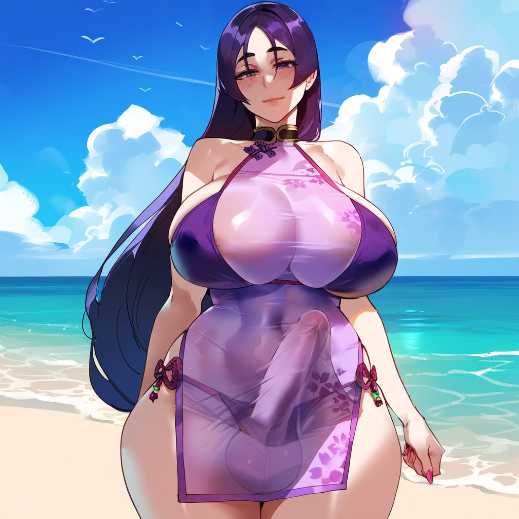 1girls ai_generated bangs bare_shoulders beach blue_sky breasts cleavage cloud curvy day erection_under_clothes fate/grand_order fate_(series) female futanari huge_breasts long_hair looking_at_viewer mature_female minamoto_no_raikou_(fate/grand_order) minamoto_no_raikou_(swimsuit_lancer) naughty_face ocean parted_bangs plump purple_bikini purple_eyes purple_hair sand see-through shore sky smile thick_thighs thighs very_long_hair water wide_hips