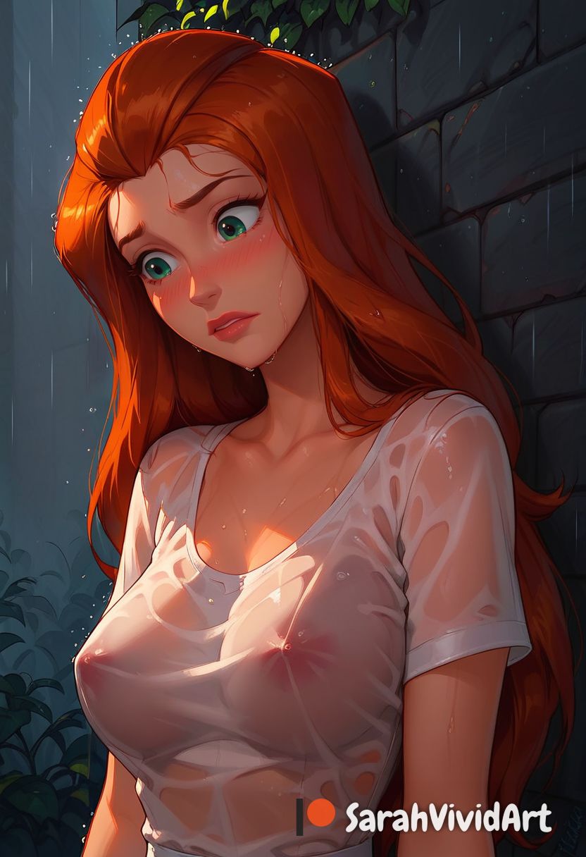 1girls ai_generated blush blushed cartoon_network female female_focus ginger ginger_hair green_eyes long_hair nervous orange_hair outdoors outside raining red_hair redhead revealing_clothes sam_(totally_spies) sarahvividart seductive see-through see-through_clothing solo solo_focus totally_spies wet wet_clothing