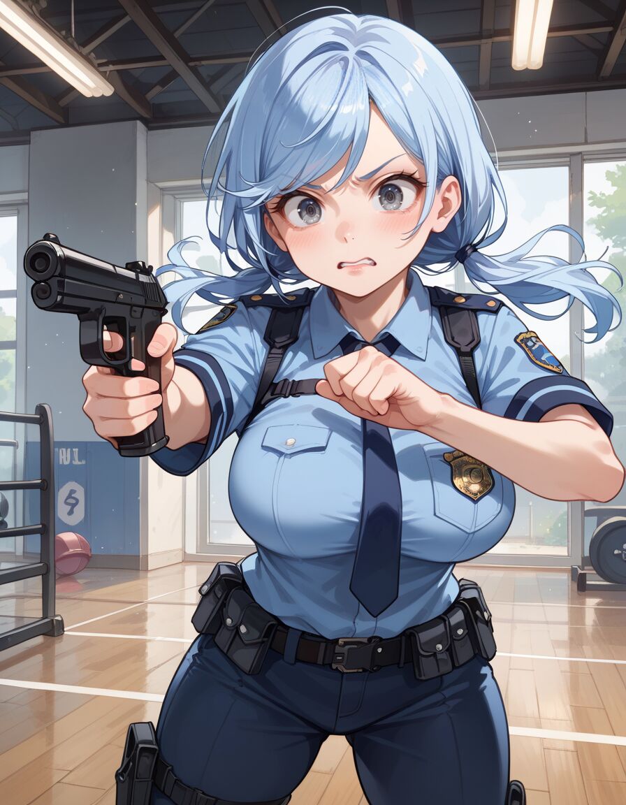 ai_generated blue_hair gun gym historyia original original_character police_uniform policewoman twintails witch_gem_disaster