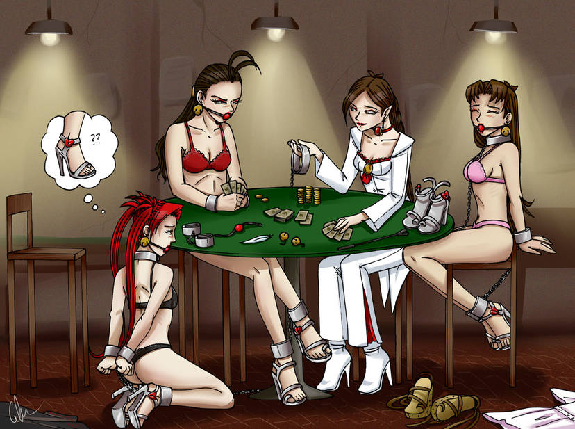 4girls ankle_cuffs ass ball_gag bell_earrings black_bra black_panties bondage bra breasts brown_hair cards chains chair clothes_on_floor clothes_removed collar dominatrix earrings gag gag_around_neck gagged gambling high_heels holding_cards holding_collar locking_high_heels locks long_hair lost_bet medium_breasts midriff navel original panties pants pink_bra pink_panties playing_card poker_chip poker_table red_bra red_eyes red_hair shirt sitting_on_chair slave sozokureed strip_poker table twintails white_pants white_shirt wrist_cuffs yuri