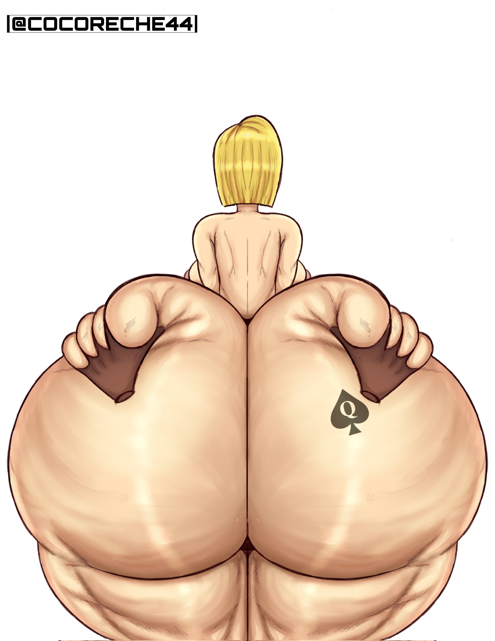 2024, android 18, ass, ass grab, back view, big ass, blonde, blonde female, blonde hair, cellulite, cocoreche, dark skin, dark-skinned male, dragon ball, dragon ball super, dragon ball z, enormous ass, fat ass, female, gigantic ass, groping, groping ass, huge ass, light skin, light-skinned female, male, massive ass, pov, queen of spades, raceplay, self upload, simple background, tattoo, thick ass, thick thighs, thighs