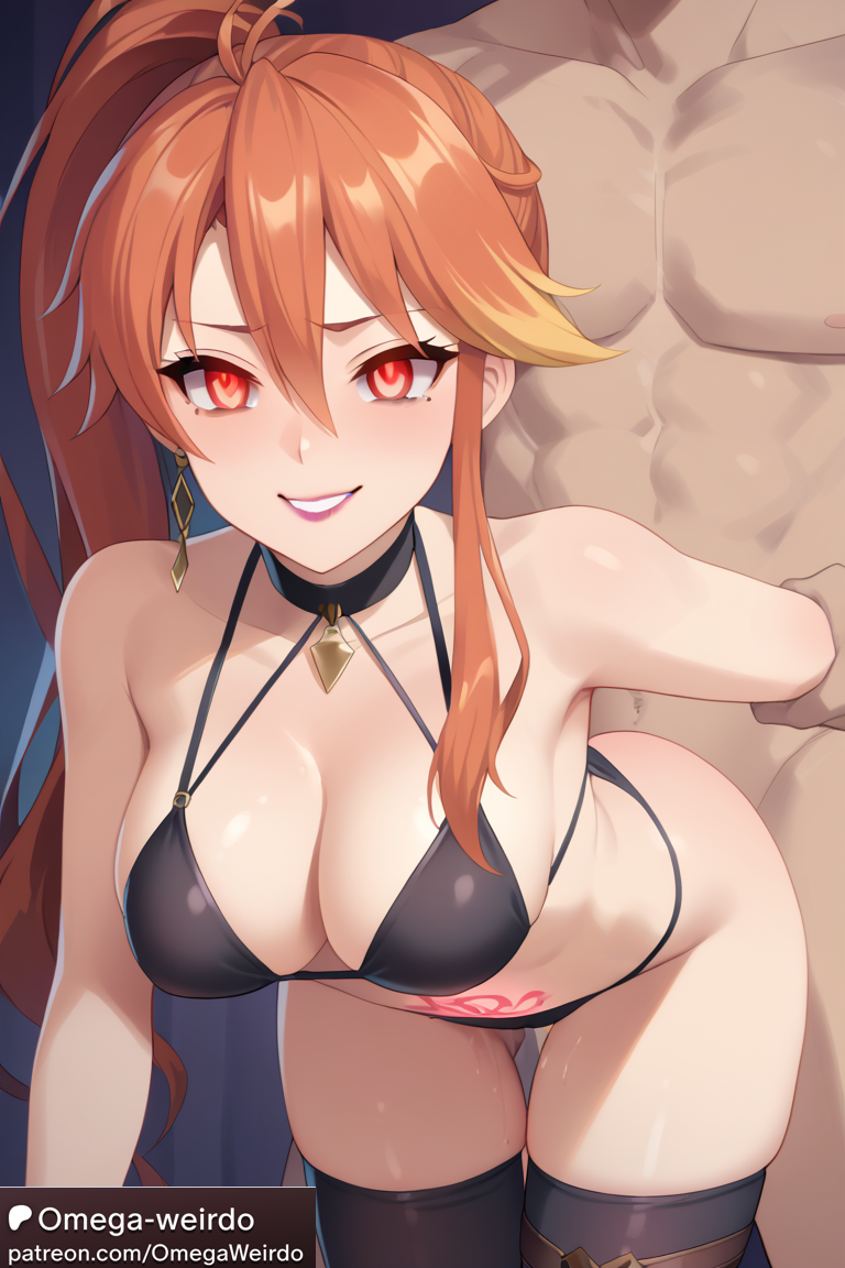 ai_generated bikini glowing_eyes judith_ranster kuro_no_kiseki legend_of_heroes orange_hair patreon ponytail pubic_tattoo red_eyes smile