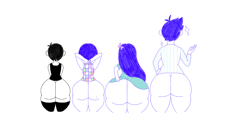 1girls 3boys ass_chart ass_comparison ass_focus aubrey_(omori) black_hair blue_hair bow chart comparing comparing_asses facing_away facing_away_from_viewer female hands_behind_head hero_(omori) kel_(omori) lewd_catz male omori omori_(character) pale-skinned_female pale-skinned_male pale_skin self_upload socks