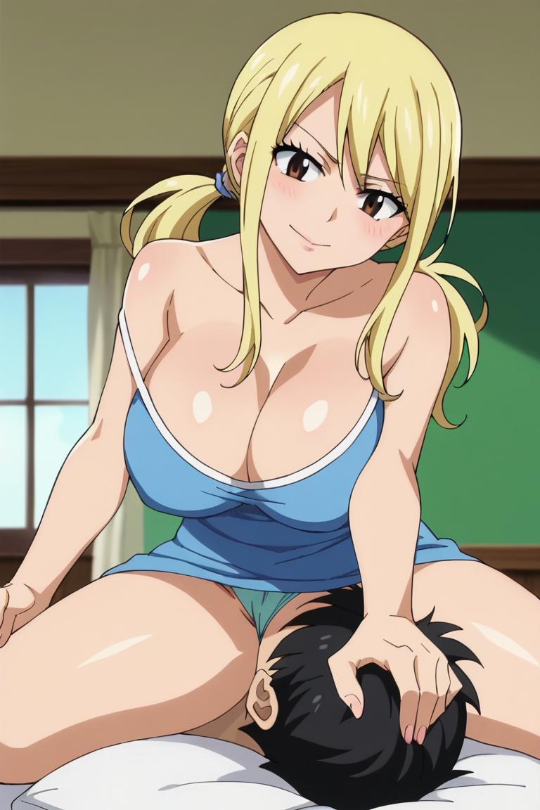 1boy, 1girls, ai generated, big breasts, blonde hair, blonde-haired female, breasts, brown eyes, facesitting, fairy tail, female, lucy heartfilia