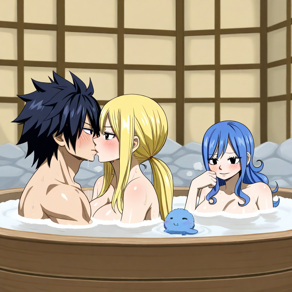 1boy 2girls ai_generated bathhouse black_hair blonde_hair blue_hair fairy_tail gray_fullbuster juvia_lockser lucy_heartfilia naked threesome throuple