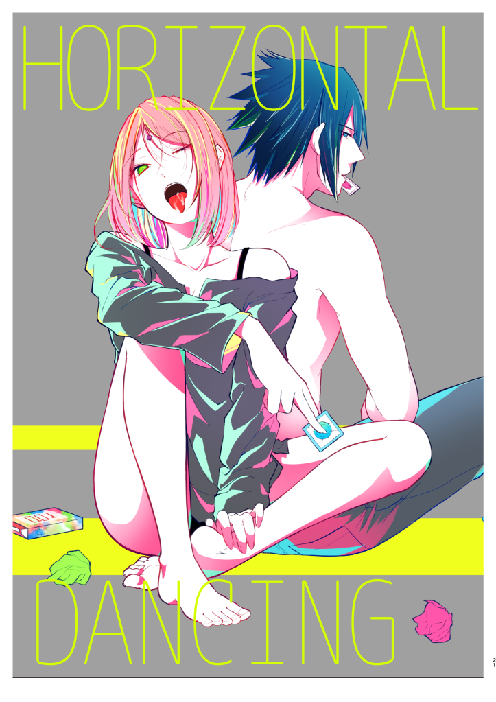 1boy 1girls back-to-back barefoot black_bra black_eyes black_hair black_panties black_pants boruto:_naruto_next_generations bra closed_mouth condom_wrapper condoms english_text female flavored_condom green_eyes grey_background grey_shirt holding husband_and_wife light-skinned_female light-skinned_male light_skin long_sleeves male naruto_(series) ohringood one_eye_closed open_mouth panties pants pink_hair sakura_haruno shirt short_hair soles spiked_hair toes tongue tongue_out topless_male uchiha_sasuke underwear unopened_condom_wrapper used_tissue