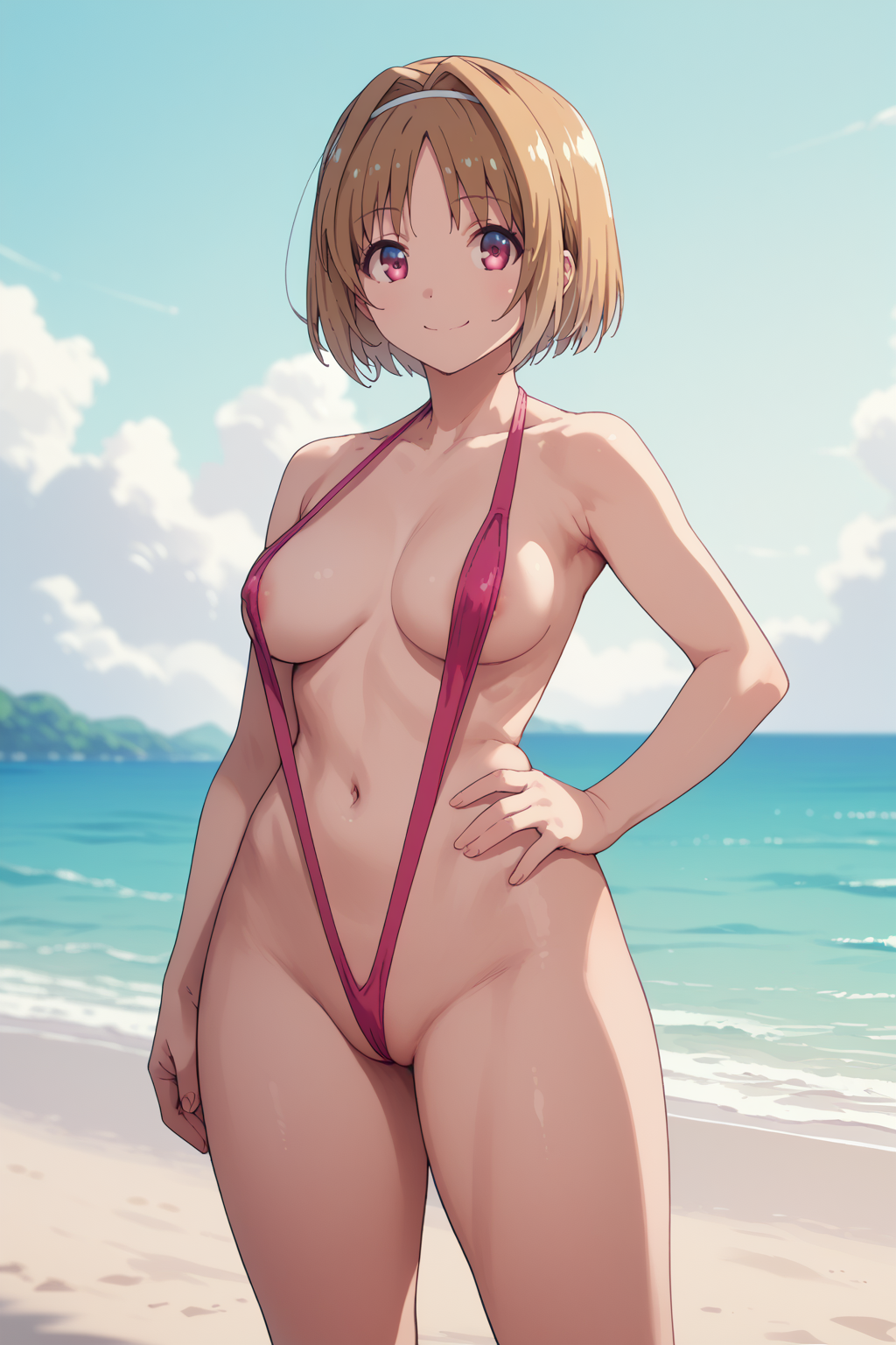 ai_generated beach brown_hair classroom_of_the_elite fake_smile female hands_on_hips kushida_kikyou pale-skinned_female sling_bikini slingshot_swimsuit standing swimsuit