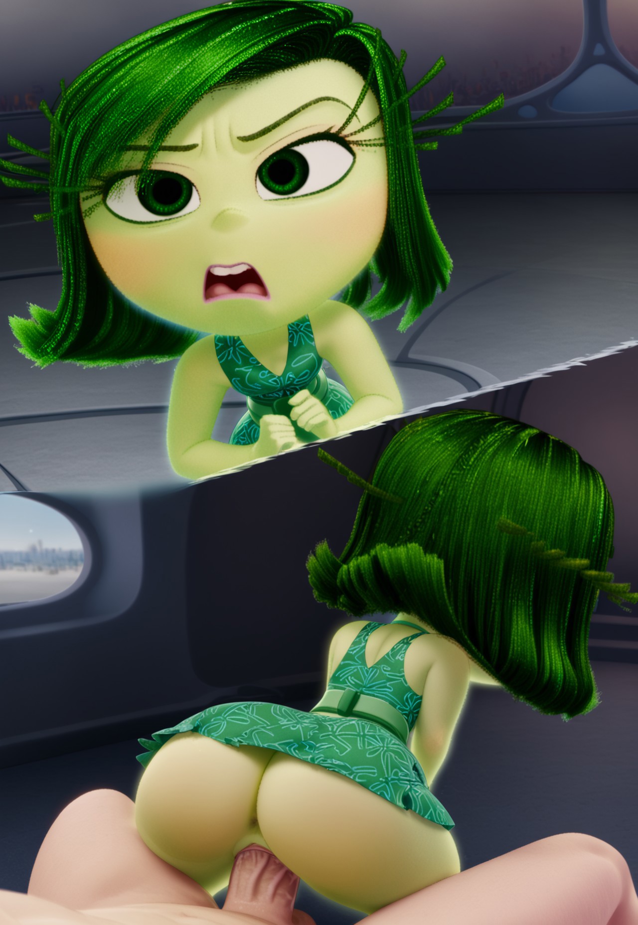 ai generated, anus, ass, balls, disgust (inside out), disney, female, female focus, green body, green eyes, green hair, green skin, inside out, male, penis, pink lips, pink lipstick, pixar, pussy, short hair, vaginal, vaginal penetration, vaginal sex