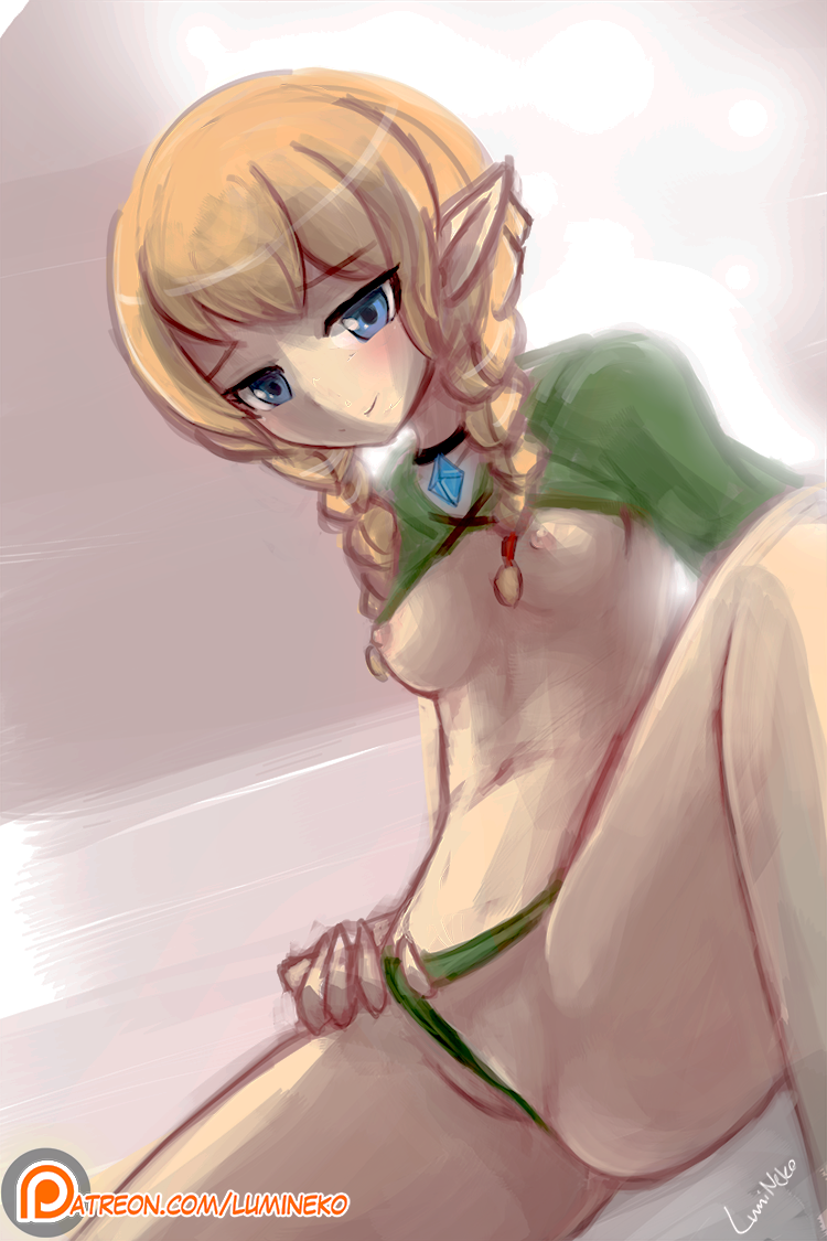 2015, blonde hair, blue eyes, braid, breasts, female, green panties, hyrule warriors, linkle, lumineko, navel, nintendo, nipples, panties, pantsu, panty pull, pointy ears, simple background, solo, the legend of zelda, tied hair, twin braids, underwear