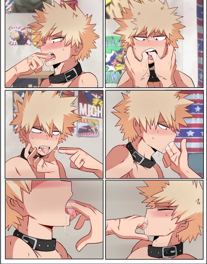 bakugou_katsuki blonde_hair boku_no_hero_academia collar deku dekuwus drooling fingers hand_in_mouth izuku_midoriya katsuki_bakugou licking male_focus midoriya_izuku my_hero_academia saliva saliva_trail submissive_male tongue