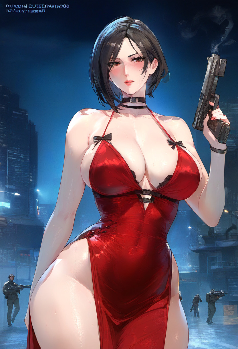1girls, ada wong, ai generated, ass, big ass, big breasts, big butt, big thighs, black hair, blush, breasts, brown eyes, capcom, cleavage, female, female focus, female only, gun, huge ass, huge breasts, huge butt, huge thighs, night, red dress, resident evil, thick thighs, thighs, wanuze, wide hips