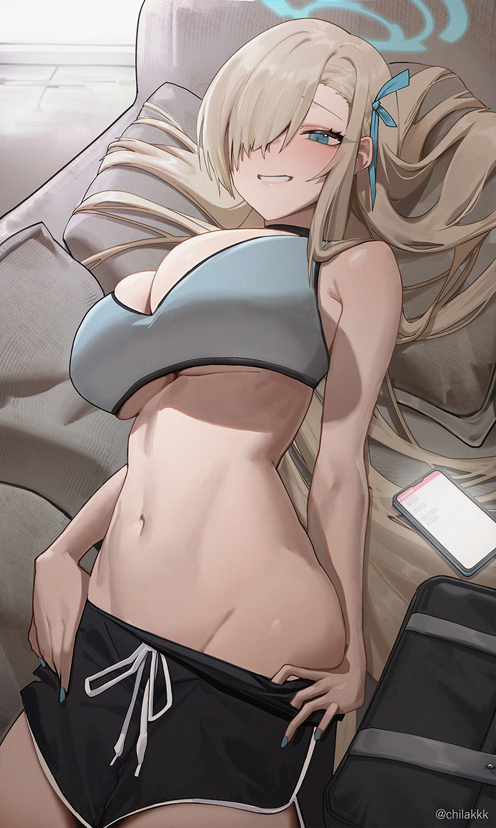 1girls ass_peek asuna_(blue_archive) big_breasts blonde_hair blue_archive blue_eyes breasts chilakkk cleavage dolphin_shorts female gym_shorts hair_covering_eye light-skinned_female looking_at_viewer lying nail_polish navel on_back one_eye_covered revealing_clothes shorts smiling solo underboob undressing