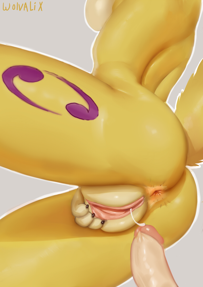 2017 anthro anus ass breasts close-up cum cum_string cum_trail digimon disembodied_penis female fur humanoid_penis imminent_penetration imminent_sex male nude penis plump_labia pussy renamon simple_background solo_focus tattoo wolvalix yellow_fur