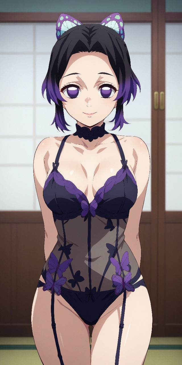 1girls, ai generated, demon slayer, female, focus, kochou shinobu, lingerie, purple eyes, solo, solo female, solo focus