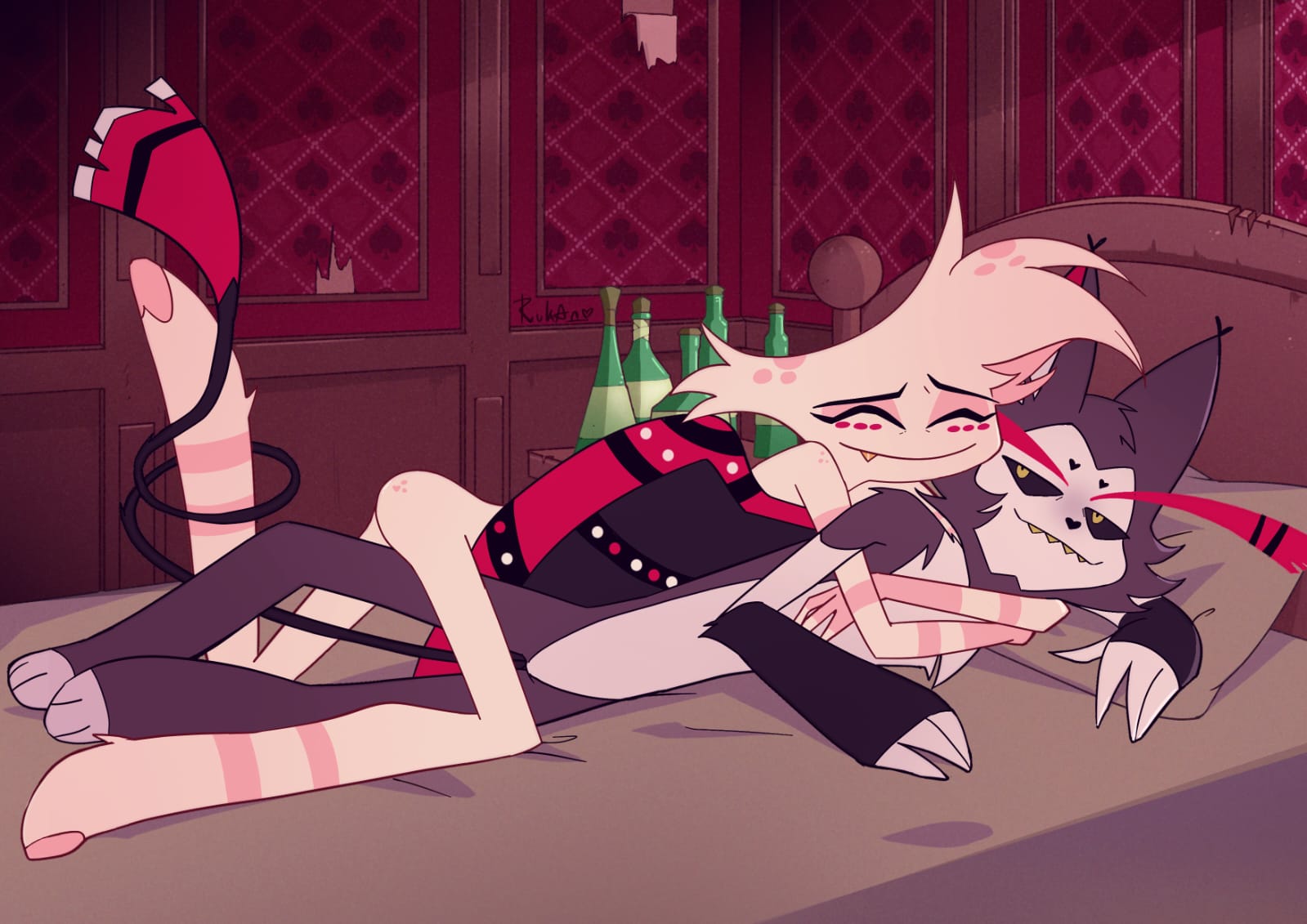 2boys angel_dust_(hazbin_hotel) cuddling cute gay hazbin_hotel husk_(hazbin_hotel) male tagme wholesome yaoi