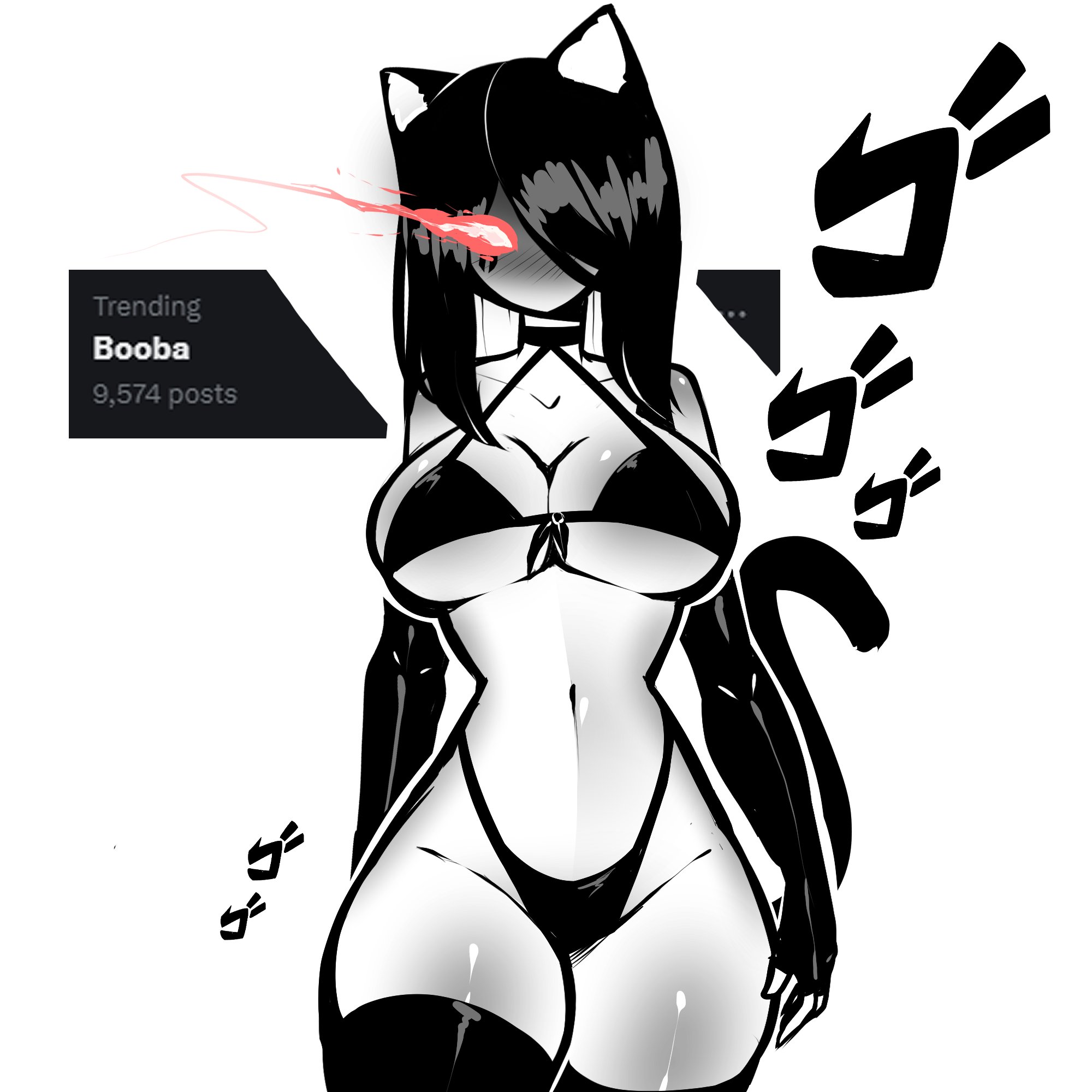 1girls, 2023, animal ears, bikini, black bikini, black hair, blush, body blush, breasts, cat ears, cat girl, cat tail, catgirl, catte (tekona), cleavage, elbow gloves, english text, facial markings, female, fingerless gloves, gloves, glowing eyes, hair over one eye, highleg bikini, jojo reference, long gloves, medium hair, menacing, navel, original, shiny skin, standing, tagme, tail, tekona, text, thick thighs, thighhighs, thighs, underboob, wide hips