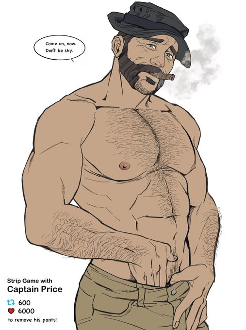 1boy abs bara beard_stubble blue_eyes body_hair bonjourdraws brown_hair call_of_duty call_of_duty_modern_warfare_2_(2022) captain_price cigarette_in_mouth facial_hair hairy_arms hairy_chest hairy_male hand_in_pants happy_trail hat human human_male john_price male male_nipples male_only manly mature_male muscles muscular_male mustache mutton_chops no_visible_genitalia pants pecs sideburns smoke solo soul_patch speech_bubble topless_male wrinkles