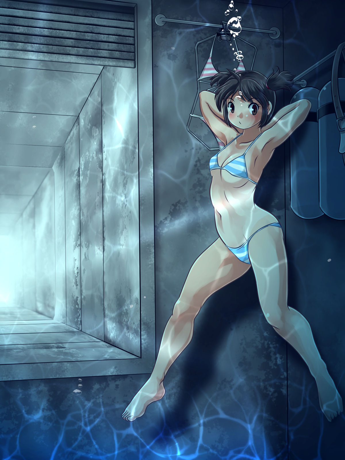 aquarium armpits arms_behind_head bikini breasts brown_eyes brown_hair collarbone female foxeye_(artist) game_cg in_the_aquarium:_sinking_with_kana kana_(in_the_aquarium:_sinking_with_kana) navel small_breasts swimsuit twintails underwater