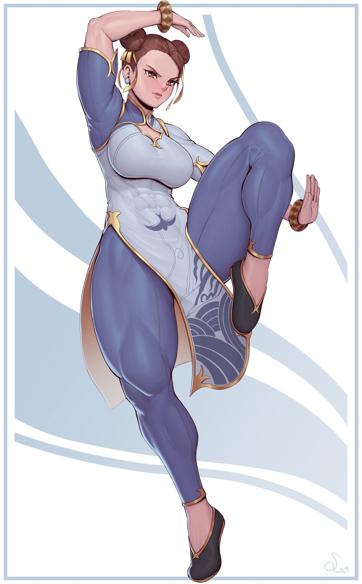 1girls, abs, arms up, big breasts, black hair, blush, breasts, brown hair, capcom, chinese clothes, chun-li, clothed, clothing, female, female focus, female only, fully clothed, large breasts, leg up, looking at viewer, muscular, muscular female, muscular thighs, short hair, solo, solo female, speedl00ver, street fighter, street fighter 6, thick thighs