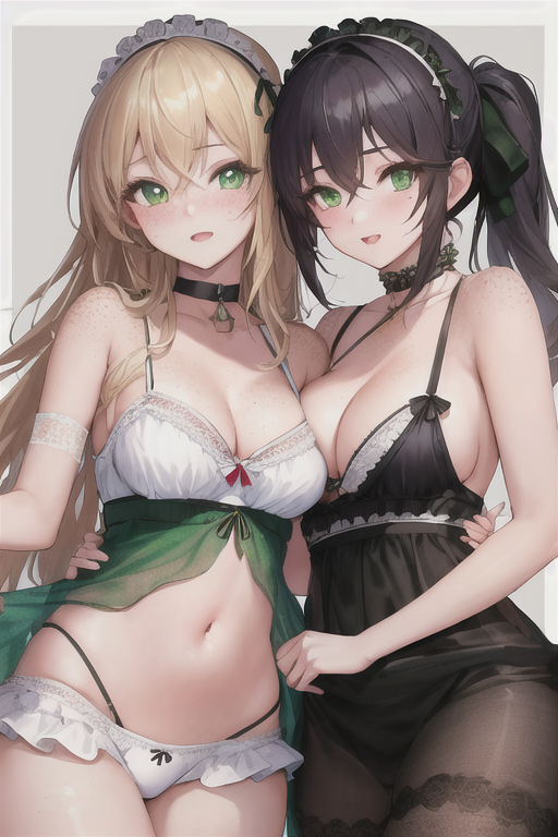 2girls ai_generated belly_button black_hair blonde_hair choker cleavage freckles grabbing grabbing_waist green_eyes holding_each_other lace looking_at_viewer maid_outfit see-through see-through_clothing smile smiling smiling_at_viewer stable_diffusion