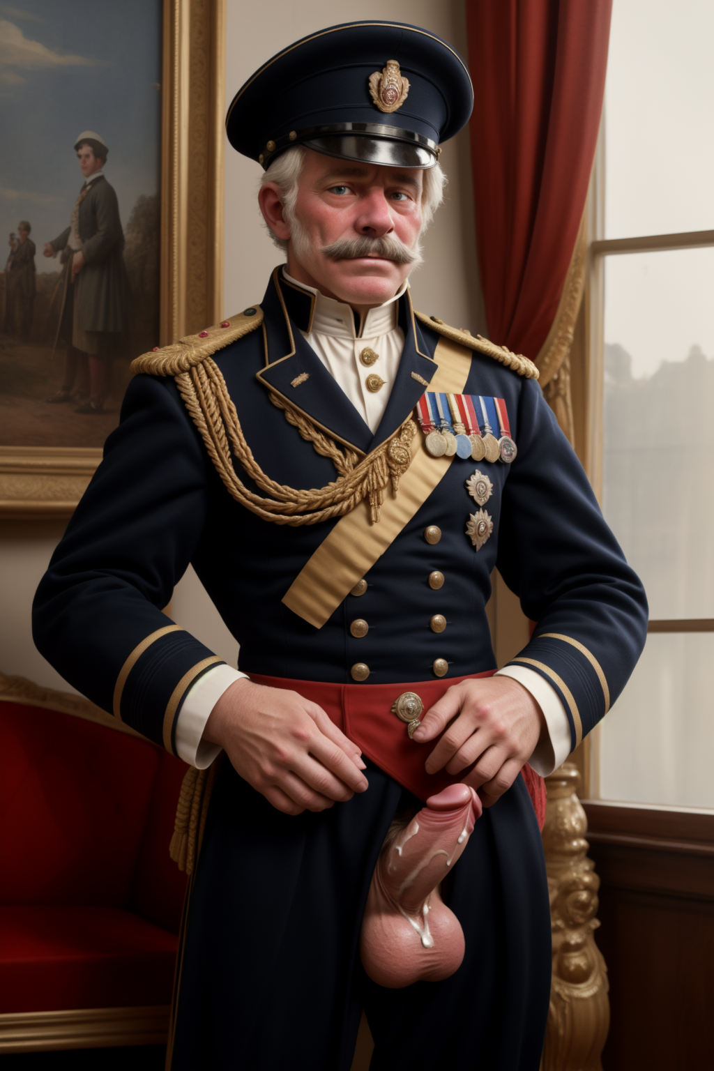 19th_century 1boy ai_generated big_balls big_penis daddy gay ia male male_only military military_uniform muscle older_male rd_(artist) soldier solo solo_male uniform