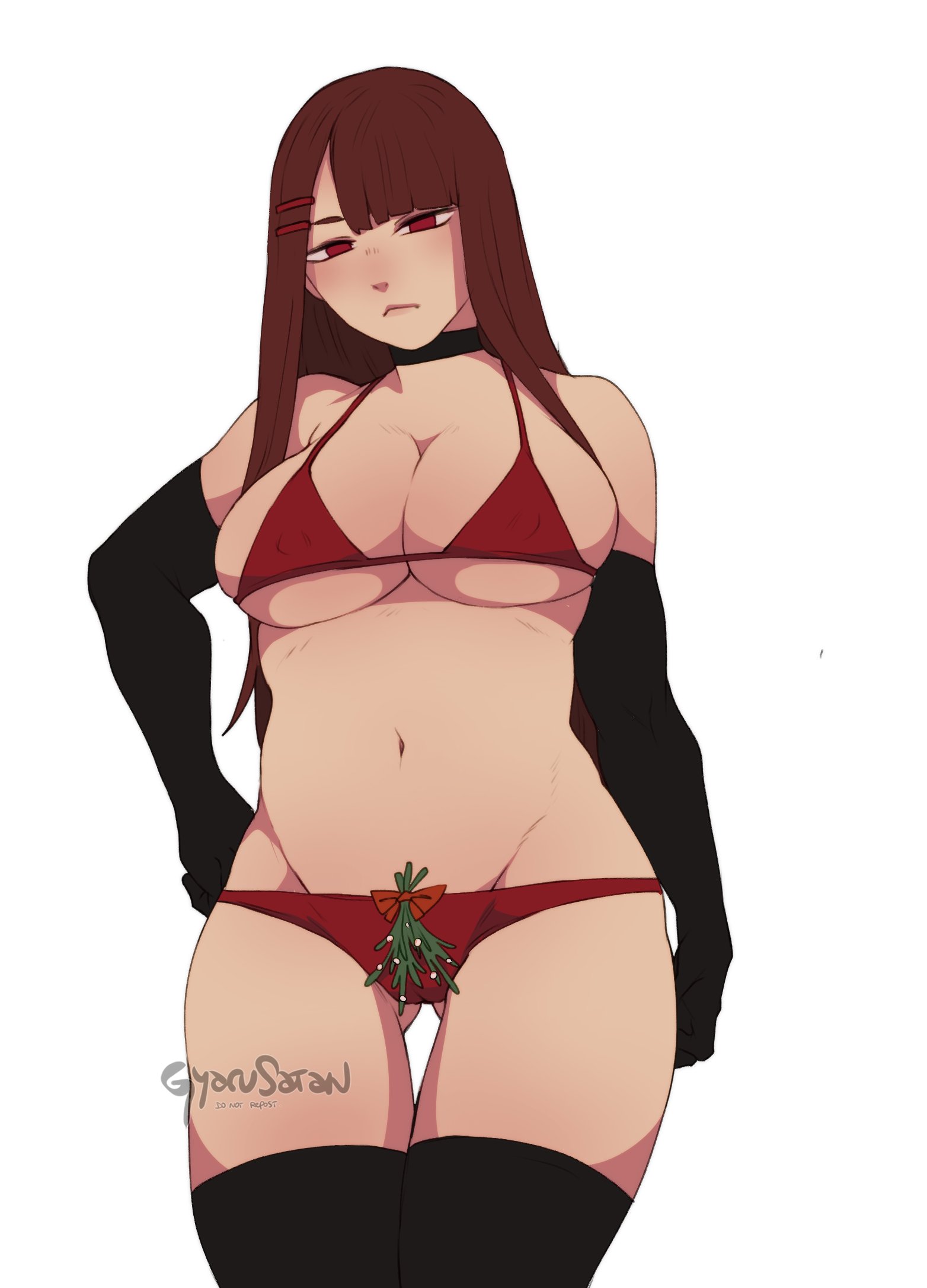 1girls, armwear, artist name, bikini, black armwear, black thighhighs, choker, female, female only, gyarusatan, hairclip, hand on hip, hi res, long hair, looking at viewer, mistletoe, narrowed eyes, nipple bulge, rania (gyarusatan), red eyes, red hair, solo, thigh gap, thighhighs, unamused, watermark, white background