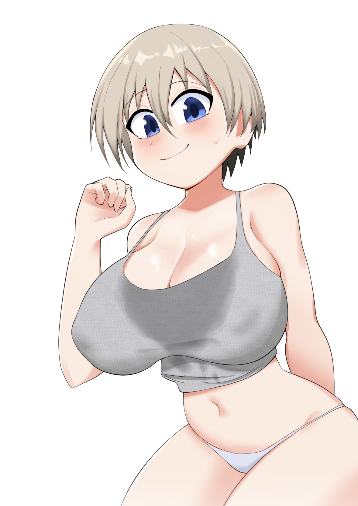 1girls, artist request, belly, belly button, big breasts, blue eyes, bob cut, breasts, cleavage, female, hips, hourglass figure, huge breasts, short hair, shortstack, small waist, solo female, sweat, sweat stain, sweaty, sweaty breasts, sweaty clothes, tank top, uzaki hana, uzaki-chan wa asobitai!, white panties