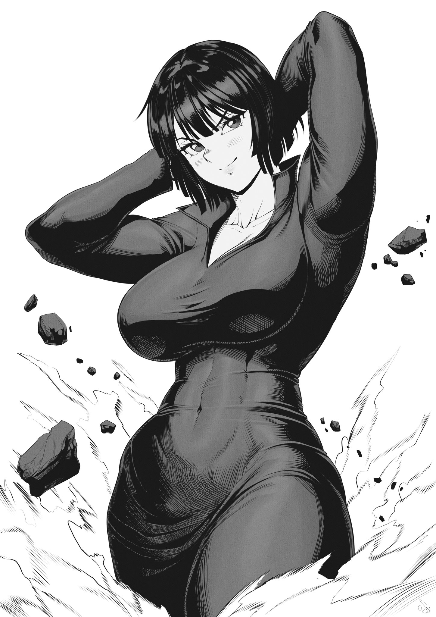 1girls, 2023, 2d, 2d (artwork), abs, arms behind head, arms up, athletic, athletic female, big breasts, black and white, blush, breasts, clothed, clothing, female, female focus, female only, fit, fit female, fubuki (one-punch man), hourglass figure, large breasts, looking at viewer, muscular, muscular female, one-punch man, powers, questionable, sfw, short hair, slim waist, solo, solo female, speedl00ver, superheroine, thick thighs, toned, toned female, wide hips, younger female