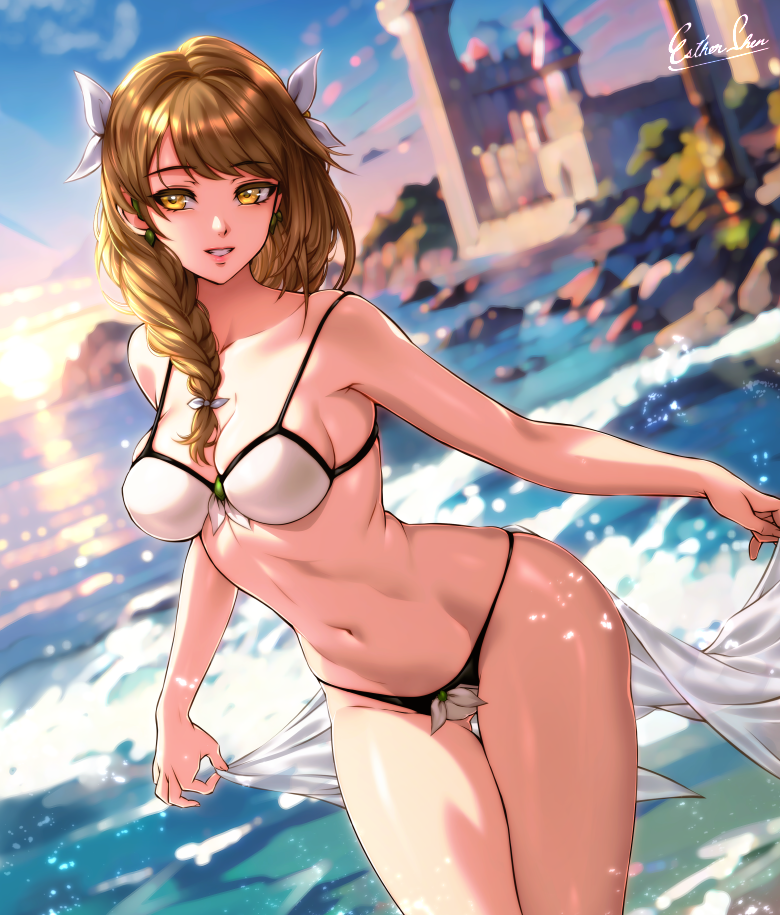 1girls alternate_costume artist_name ass_visible_through_thighs bare_arms bare_thighs beach bikini black_bikini blue_sky blurry blurry_background braid braided_ponytail breasts brown_hair castle cleavage commentary english_commentary esther-shen esther_shen female female_only fire_emblem fire_emblem_engage goldmary_(fire_emblem) grin hair_over_shoulder hair_ribbon large_breasts lips long_hair looking_at_viewer medium_breasts navel nintendo ocean outdoors pink_lips ribbon side_ponytail sideboob sky smile solo stomach sunlight sunset swimsuit teeth thighs two-tone_bikini veil water white_bikini white_ribbon white_swimsuit yellow_eyes