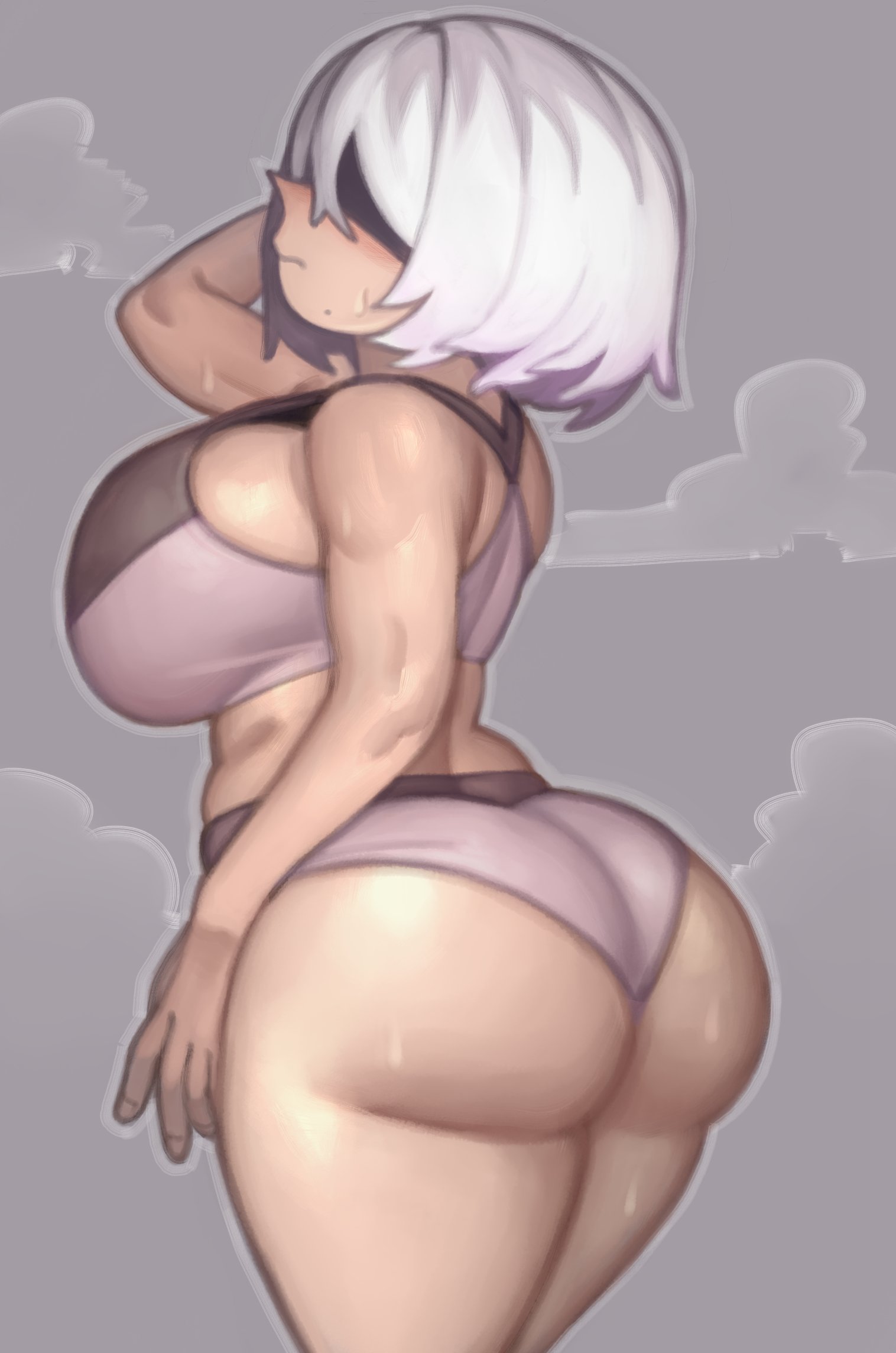 1girls, 2d, 2d (artwork), absurd res, ass, female, female focus, female only, hi res, huge ass, kelvin hiu, large ass, light skin, light-skinned female, nier (series), nier: automata, solo, solo female, thick thighs, thighs, yorha 2b