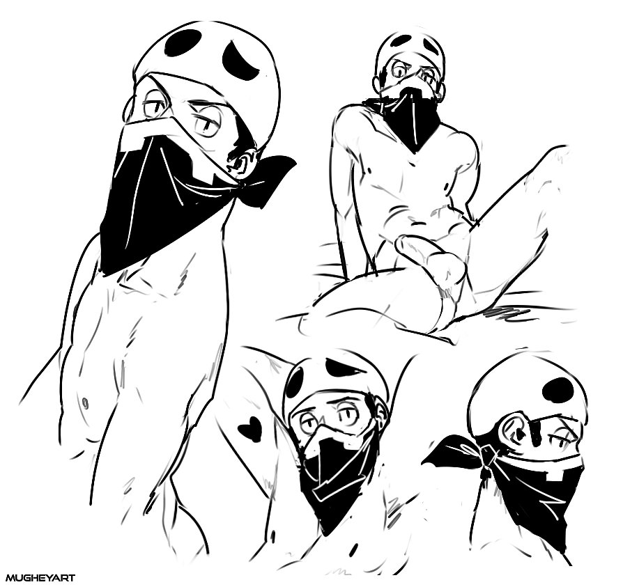 1boy arm_support arms_behind_head artist_name bed_sheet black_eyes collarbone greyscale half-closed_eyes hat heart looking_at_viewer looking_down male male_focus male_only monochrome mugheyart multiple_views navel nude penis pokemon pokemon_(game) pokemon_sm profile solo spread_legs team_skull team_skull_grunt testicles