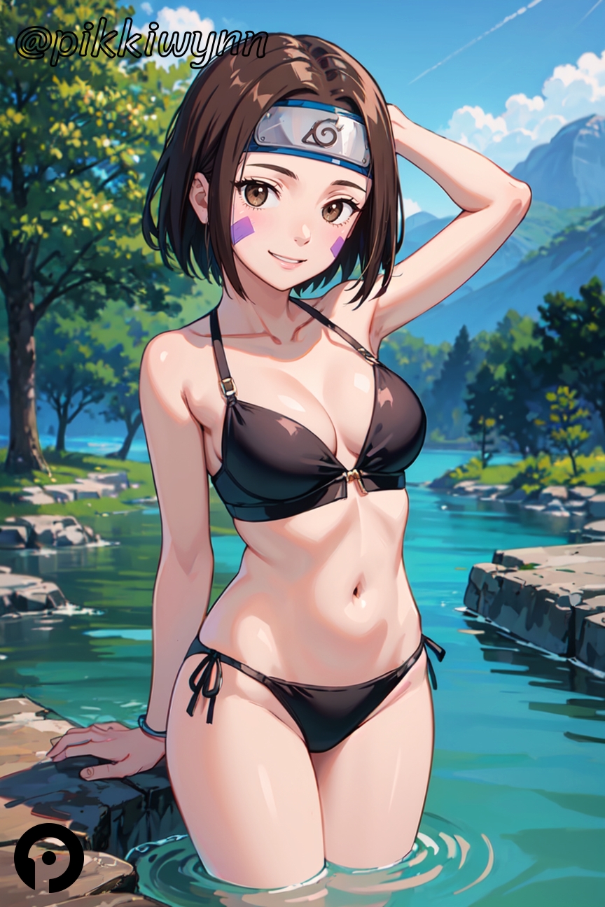 ai_generated arm_up bare_shoulders bikini black_bikini blue_sky breasts brown_eyes brown_hair cleavage collarbone day facial_mark female forehead_protector konohagakure_symbol looking_at_viewer medium_breasts naruto naruto_(series) navel nohara_rin outdoors parted_lips pikkiwynn rock short_hair side-tie_bikini_bottom sky smile solo stomach swimsuit tree wading water