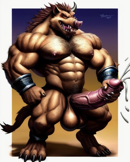 ai_generated anthro anthrofied cum cumshot huge_balls huge_cock muscular_anthro porcine punk_hair warhog