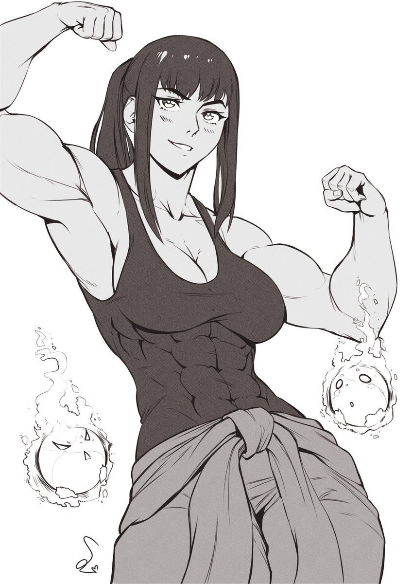 1girls, abs, big breasts, black and white, black hair, blush, breasts, clothed, clothing, en'en no shouboutai, enen no shouboutai, female, female focus, female only, fire, fire force, large breasts, long hair, looking at another, muscular, muscular arms, muscular female, oze maki, solo, solo female, speedl00ver