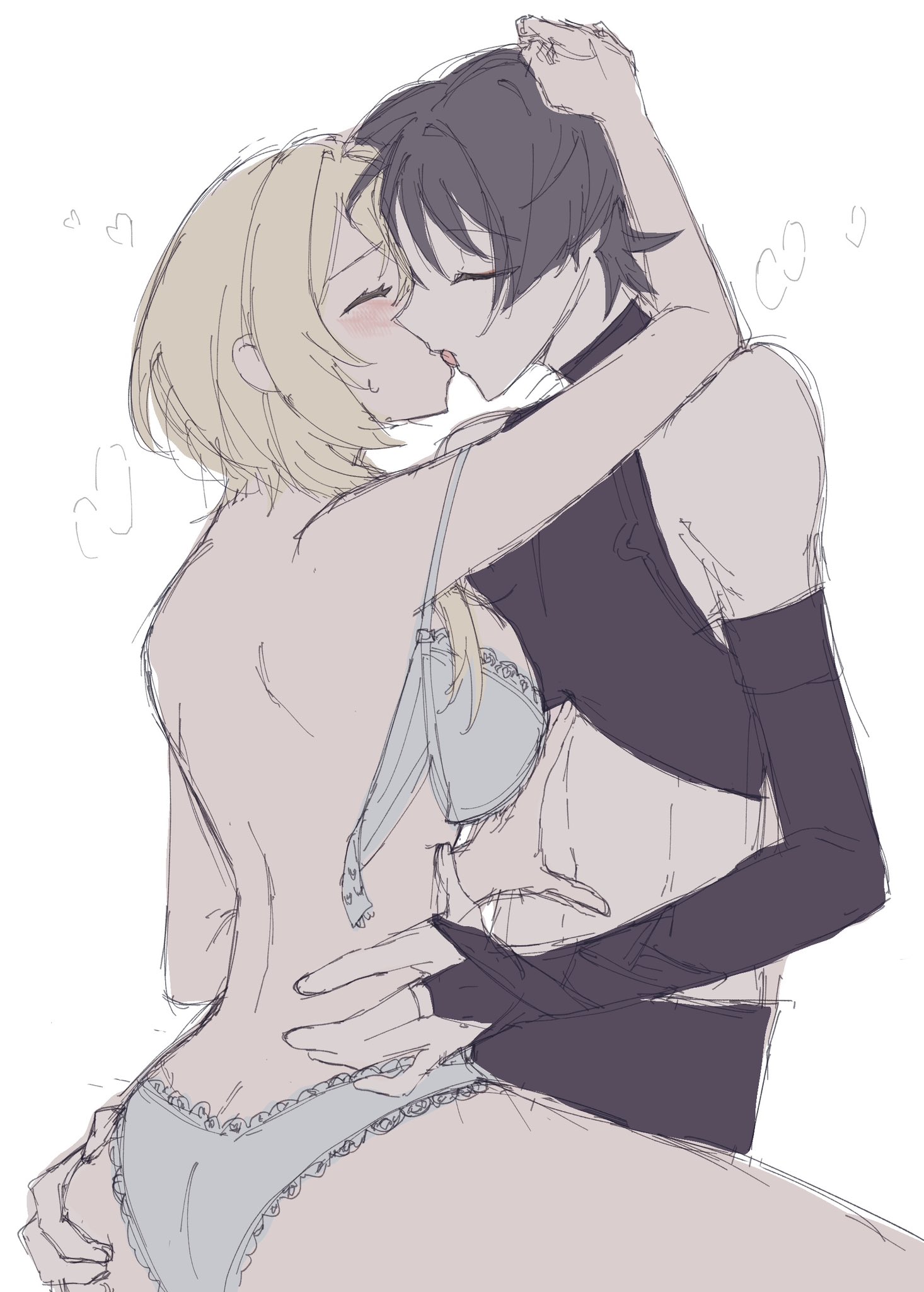 1boy, 1girls, ass, blonde hair, blue hair, blush, bra, bra pull, bra removed, closed eyes, female, femboy on female, genshin impact, hand on ass, hand on waist, heart, kissing, lumine (genshin impact), male, meowmilk, scaramouche (genshin impact), straight, underwear
