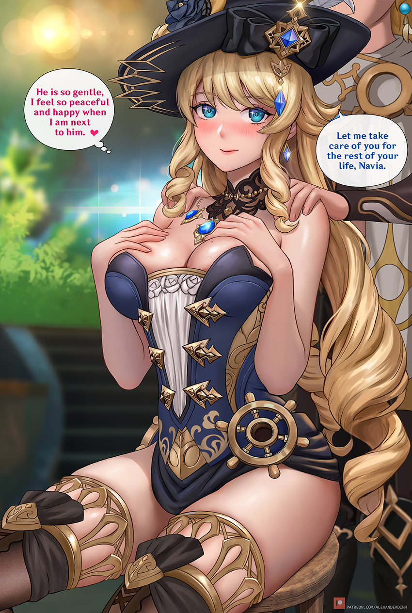 1boy, 1girls, aether (genshin impact), alexander dinh, blonde hair, blue eyes, breasts, english text, female, genshin impact, male, navia (genshin impact), smile