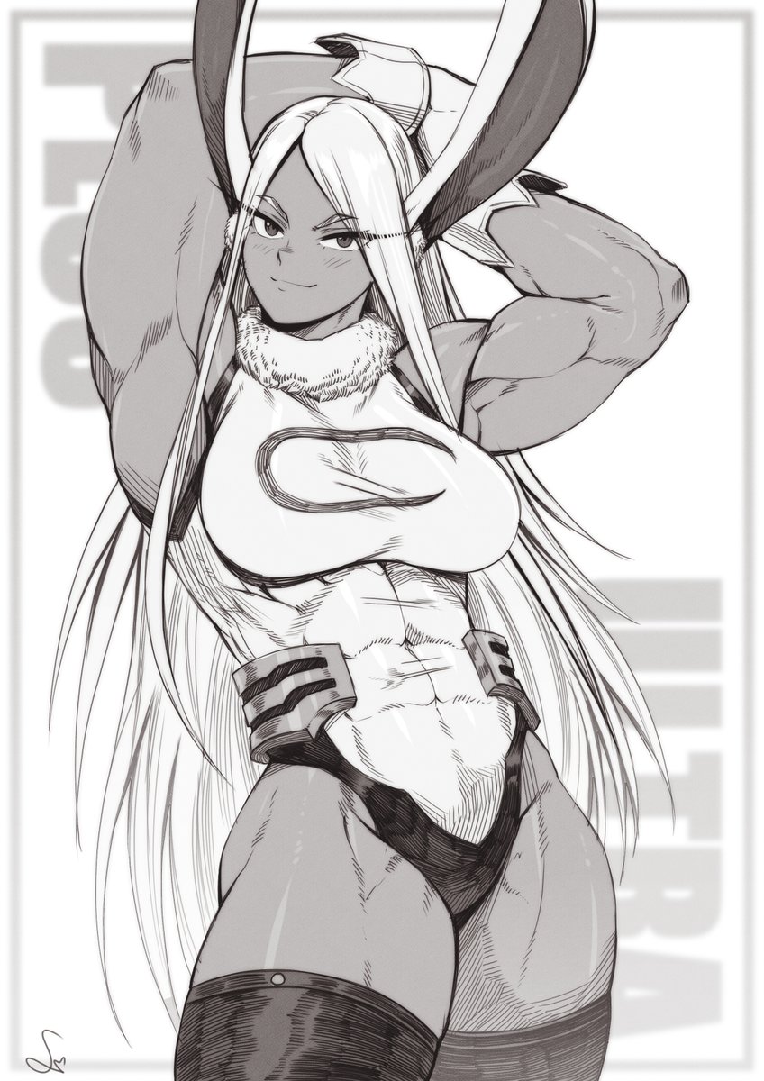 1girls, abs, arms behind back, arms up, big breasts, blush, breasts, bunny ears, bunny girl, clothed, clothing, female, female focus, female only, kemonomimi, large breasts, long hair, looking at viewer, miruko, muscular, muscular female, muscular thighs, my hero academia, rumi usagiyama, solo, solo female, speedl00ver, superheroine, thick thighs