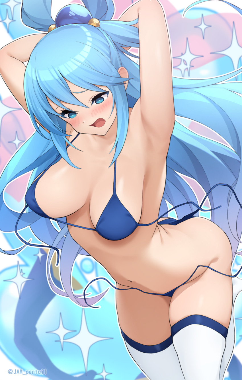 aqua_(konosuba) aqua_eyes armpits arms_behind_head arms_up bikini blue_bikini blush breasts breasts_apart female highres jampen kono_subarashii_sekai_ni_shukufuku_wo! medium_breasts open_mouth single_hair_ring solo swimsuit thighhighs wardrobe_malfunction white_thighhighs