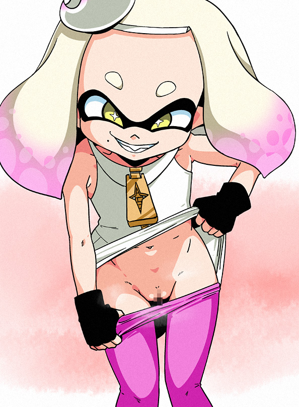 1girls, breasts, censored, crown, female, flashing, flat chest, inkling girl, navel, nintendo, pearl (splatoon), pussy, small breasts, solo female, splatoon