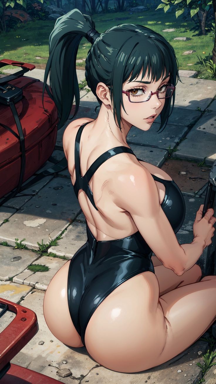 ai generated, ass, blue hair, bodysuit, breasts, brown eyes, female, female focus, female only, jujutsu kaisen, mommy, partially clothed, swimsuit, thighs, zenin maki