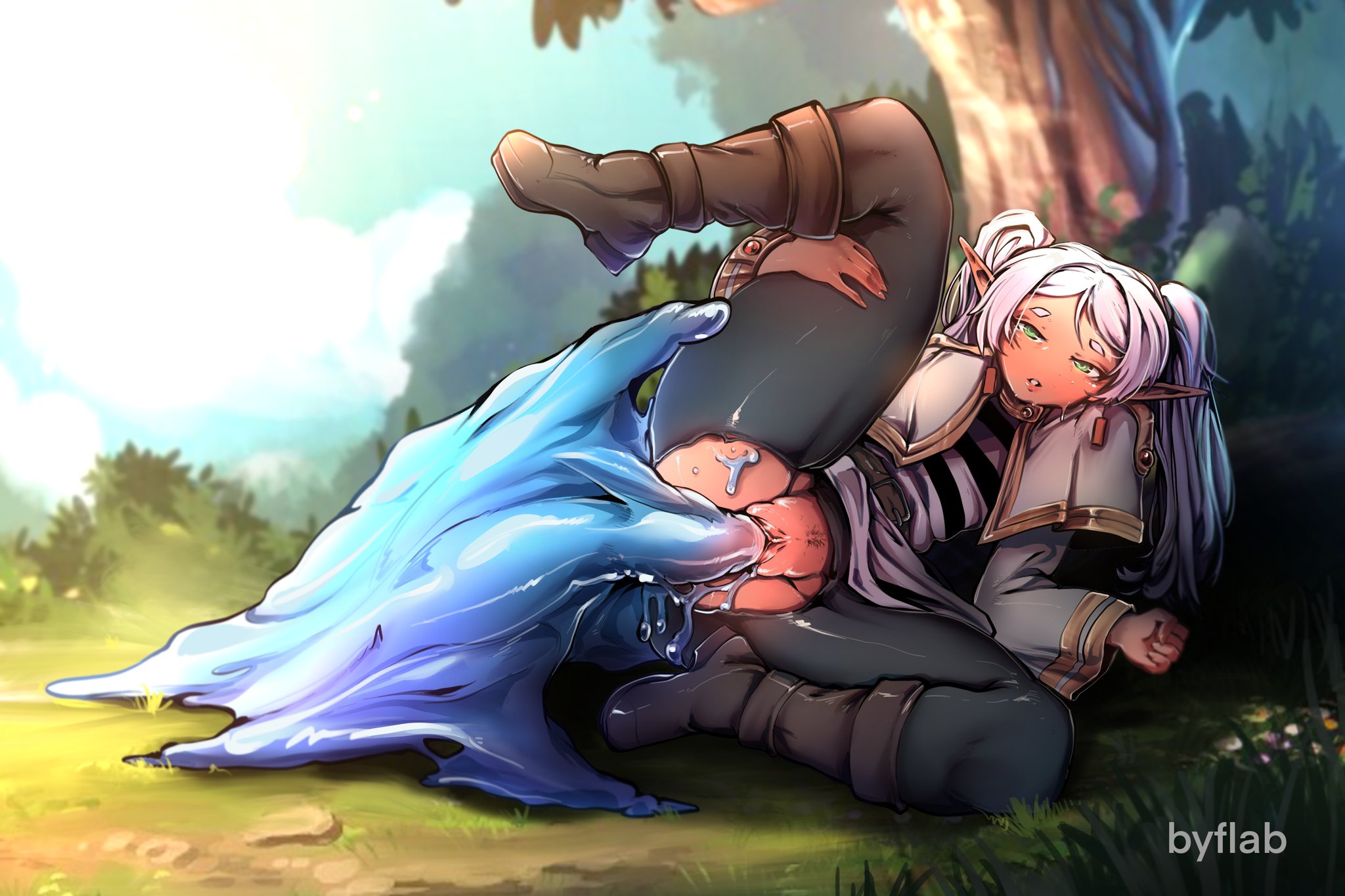 1girls, 1monster, artist name, blue sky, boots, byflab, cloud, day, dubious consent, earrings, elf, elf ears, elf girl, exposed pussy, facing viewer, female, footwear, frieren, full body, grass, green eyes, holding leg, humanoid pussy, leg up, light skin, light-skinned female, long pointy ears, monster, mostly clothed, nature, one leg up, outdoors, pointy ears, pussy, ripped clothing, ripped pants, slime, slime monster, sousou no frieren, spread legs, tree, twintails, uncensored, vagina, vaginal insertion, vaginal penetration, vaginal sex, white hair