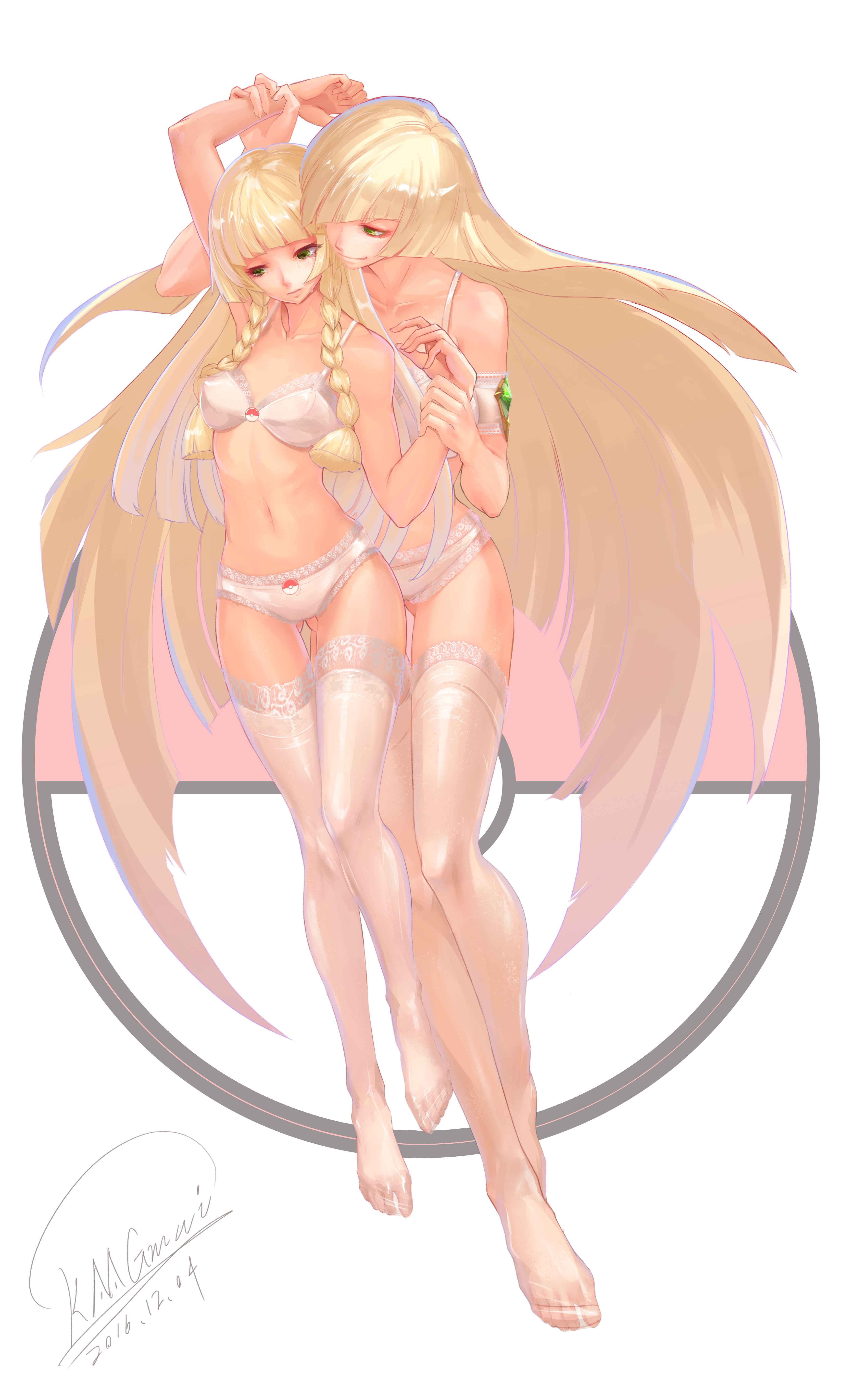 2girls, armband, blonde hair, bra, breasts, female, grabbing wrists, green eyes, hair over one eye, lillie (pokemon), lingerie, long hair, lusamine (pokemon), medium breasts, midriff, milf, mother and daughter, navel, nintendo, panties, pokemon, pokemon sm, shou mai, thighhighs, twin braids, underwear, white bra, white lingerie, white panties, yuri