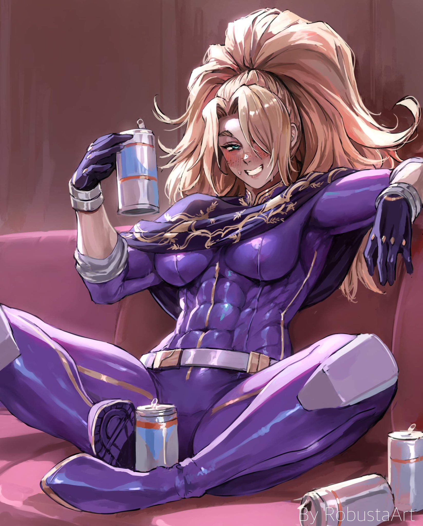 1girls, abs, athletic, athletic female, beer, big breasts, blonde hair, bodysuit, breasts, character request, copyright request, female, female only, robustaart, skindentation, skintight, smile