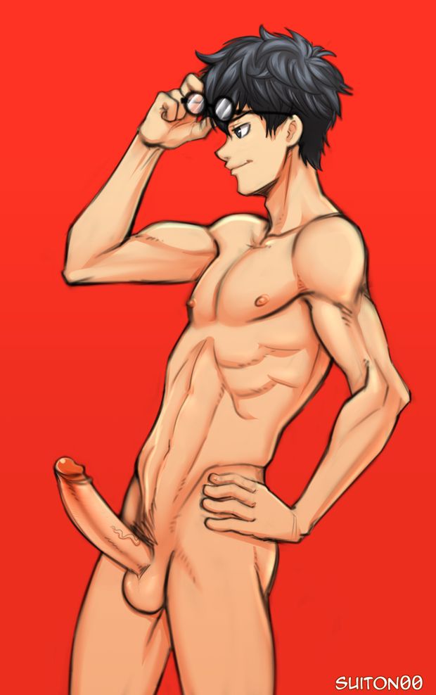1boy, abs, atlus, balls, black hair, casual, erect nipples, erection, eyewear, gay, gay male, glasses removed, hand on hip, human, looking away, male, male only, megami tensei, muscles, nipples, nude, pale skin, penis, persona, persona 5, ren amamiya, side view, smile, solo, suiton, tagme, testicles, yaoi