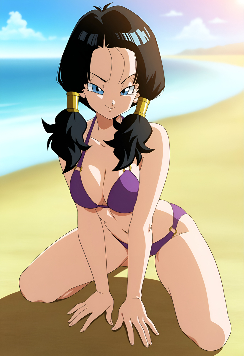 1girls, ai generated, black hair, blue eyes, clothed, clothed female, dragon ball z, duderu vanilla, female, female only, kneeling, purple bikini, solo, twintails, videl